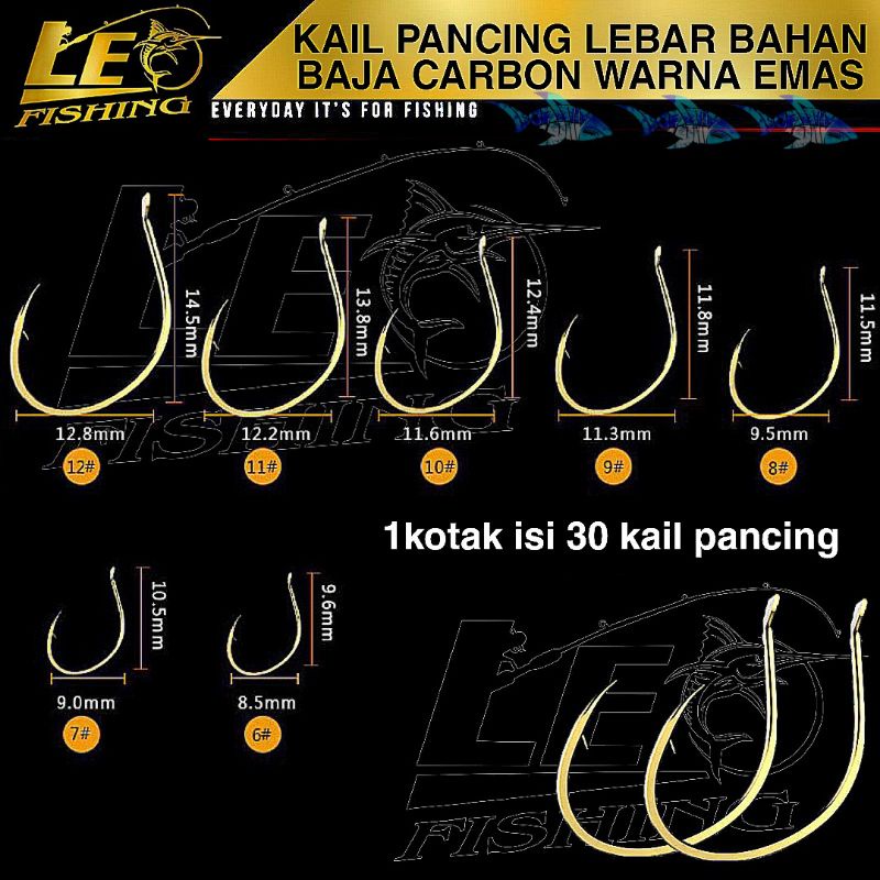 30Pcs / Lot Kail Pancing Lebar Bahan Baja Karbon Warna Emas 6 # -12 # Super Tajam