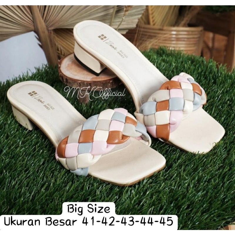 ORIGINAL, Sepatu Heels Kaca Wanita JUMBO Besar 41 42 43 44 45 Slop Motif Kepang Kekinian Cantik Kulit Beige Ori, 43
