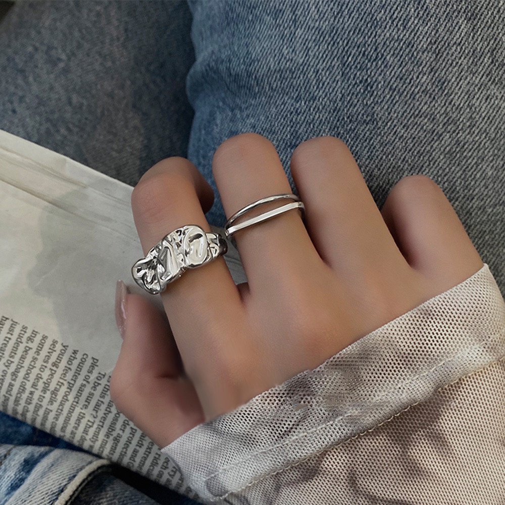 1pc Cincin Model Terbuka Desain Geometri Asimetris Warna Silver Gaya Retro Untuk Wanita