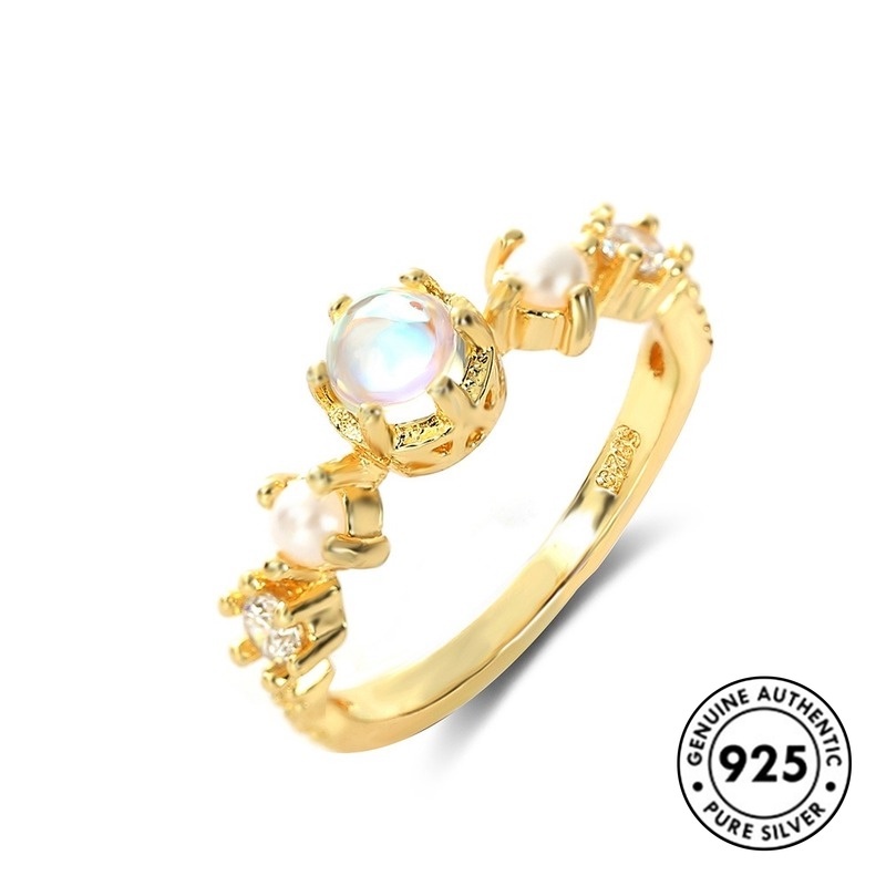 Cincin Lapis Emas S925 Hias Batu Bulan Mutiara Putih