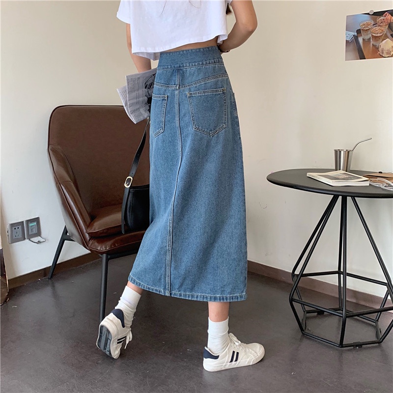 Korean Style Rok Pendek Jeans Wanita /Denim Pinggang Tinggi Rok Panjang