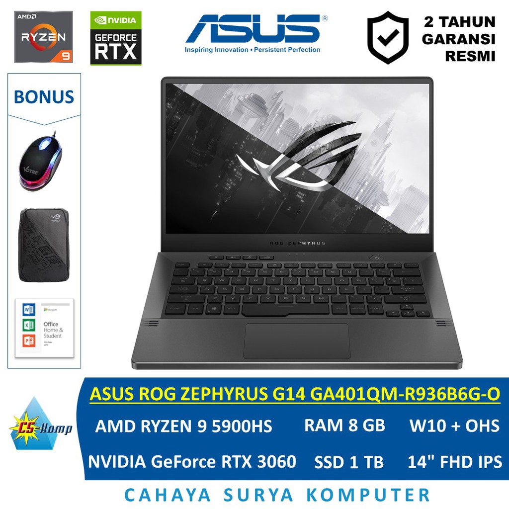 ASUS ROG ZEPHYRUS G14 GA401QM-R936B6G-O |Ryzen 9 5900HS |RAM 16GB |SSD 1TB |GeForce RTX 3060 |W10