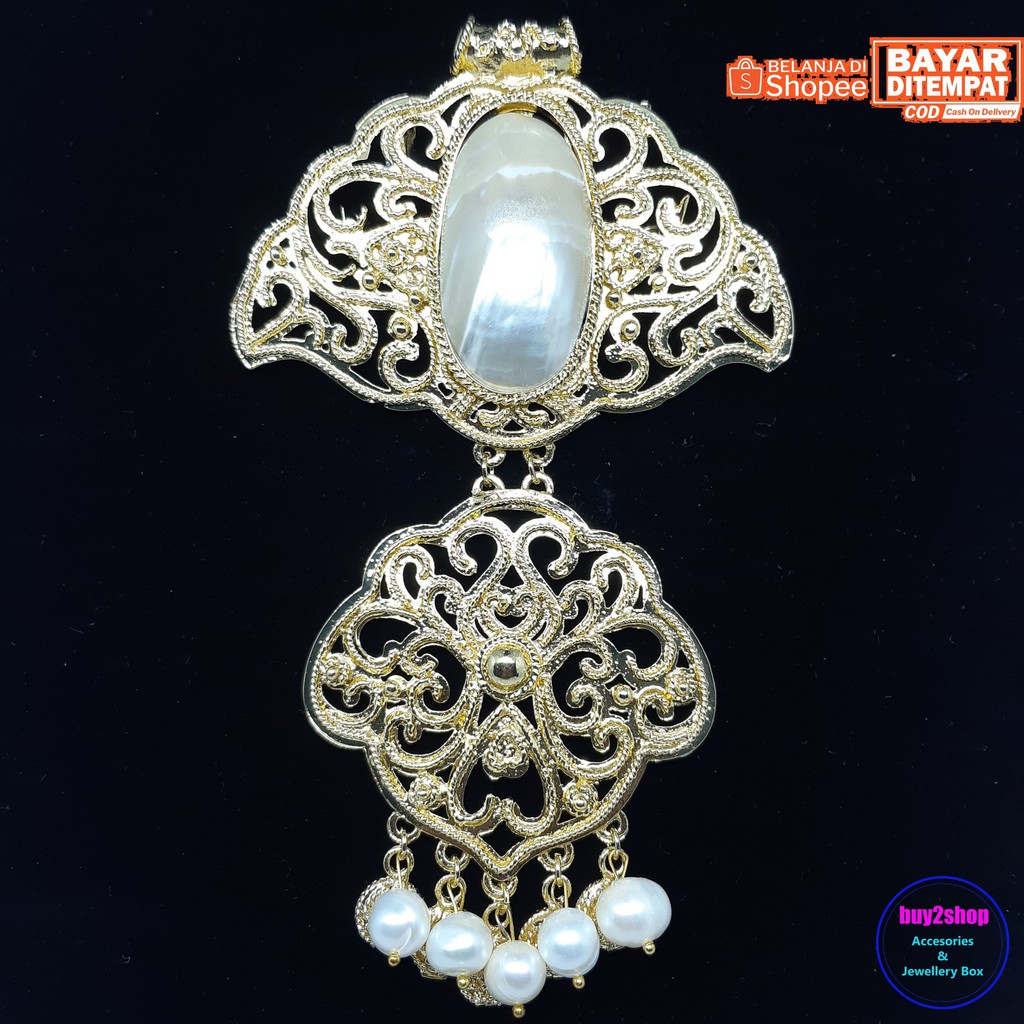 Bros kebaya motif 2 ukiran simple dengan kerang besar mutiara air tawar