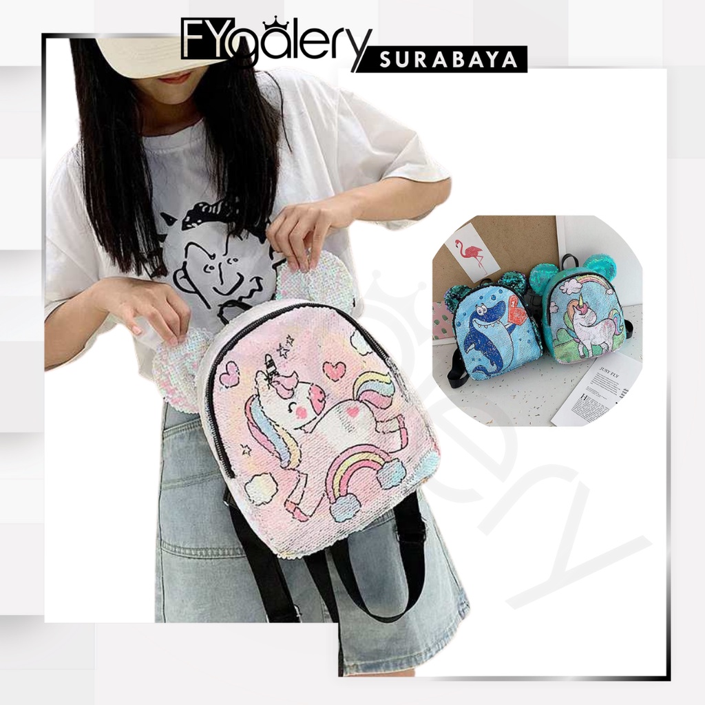 FYGALERYSURABAYA FYG1400 Tas Ransel Anak Sequin Glitter Karakter Unicorn Telinga Beruang