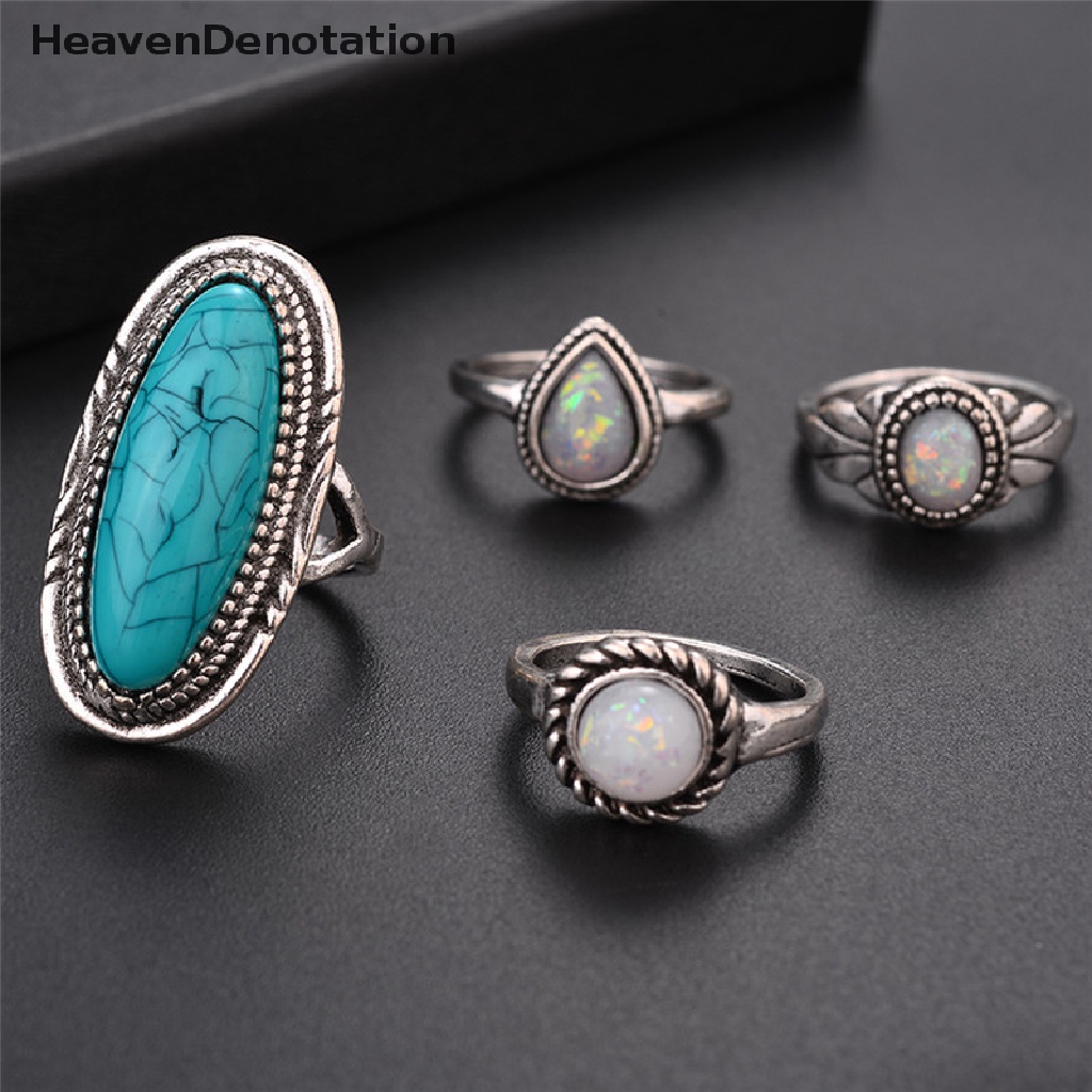 [HeavenDenotation] 8PCS/Set Bohemian Women Silver Turquoise Finger Rings Opal  Rings Wedding Gift