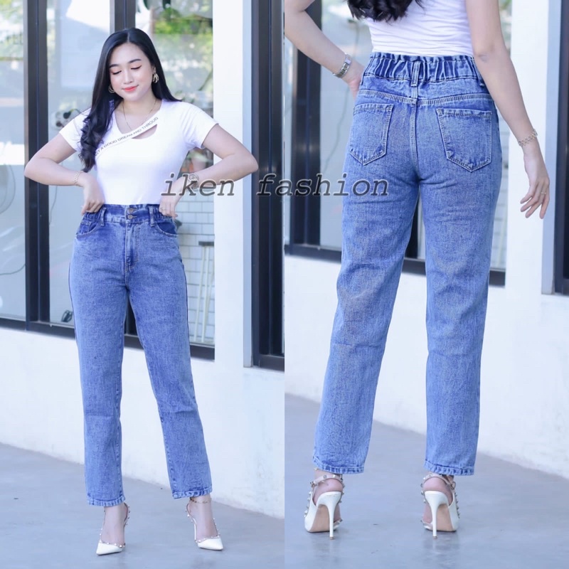 CELANA JEANS BOYFRIEND // Celana jeans BF highwaist pinggang karet kancing 2