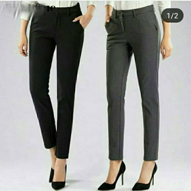 Celana Kerja Wanita Formal Hitam Abu-abu Model Basic Lurus Bahan Stretch Melar Size M L XL XXL XXXL