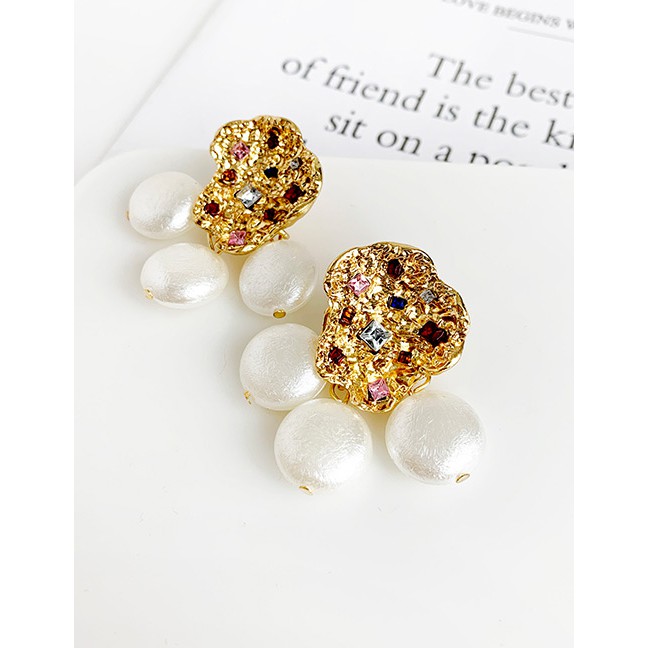 LRC Anting Tusuk Fashion Gold Alloy Diamond Geometric Shaped Pearl Tassel Stud Earrings D09599