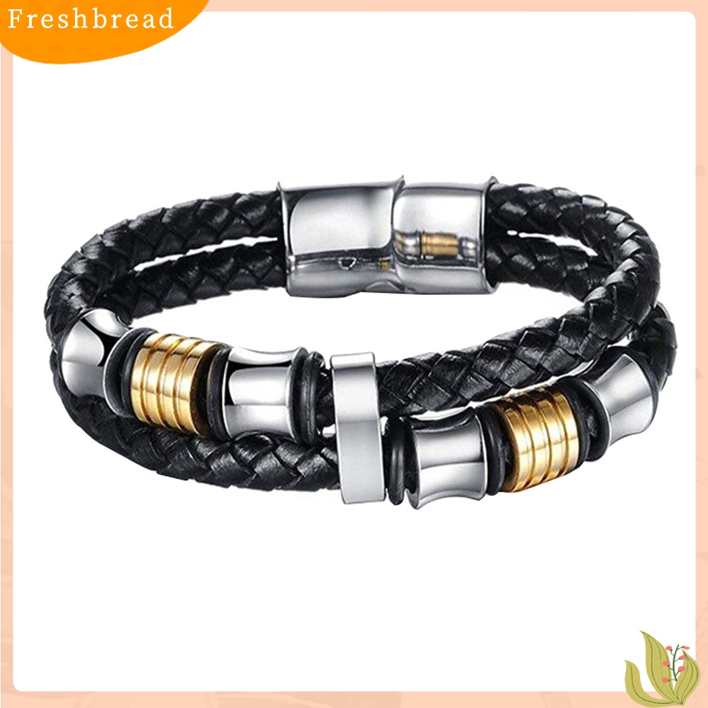 Terlaris Fashion Men Double Layer Faux Leather Braided Magnet Clasp Bead Bracelet Bangle