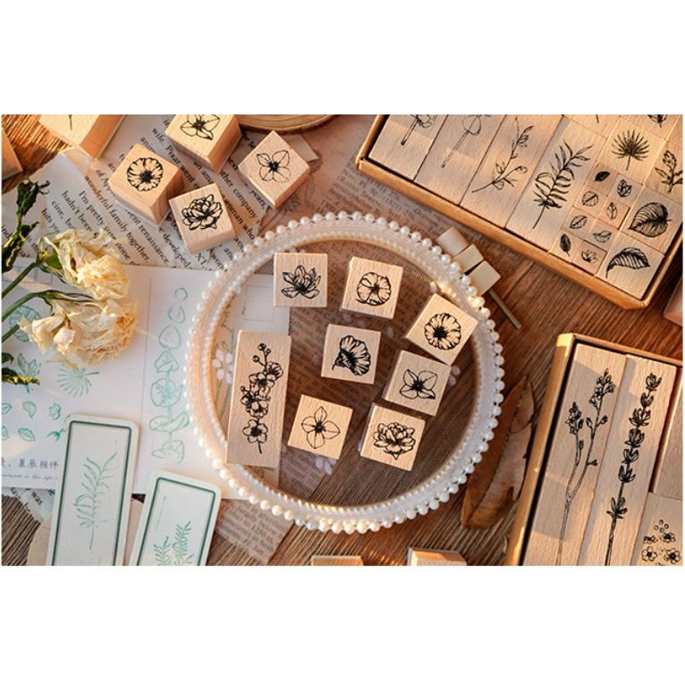 

RB LovelyCraftStore W06 ~ 1 set 22pcs DIY Wooden Rubber Stamp Plant Garden Vase Stempel Kayu Vintage