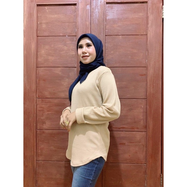 Kaos Wanita Lengan Panjang Oval - Kaos Semi Tunik Waffle