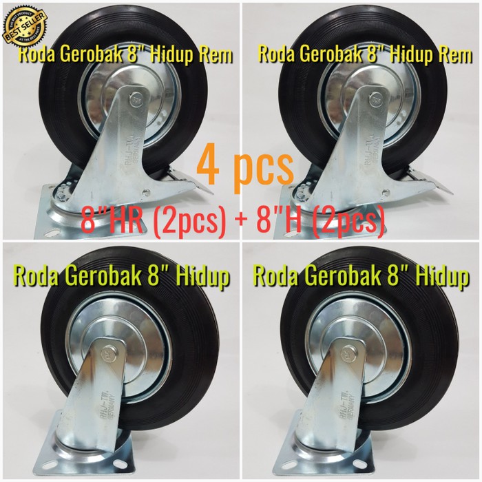 Roda Troli 8&quot;(4pcs=2 hidup ada rem + 2 hidup) -  roda karet - roda etalase -  roda gerobak isi 4pcs