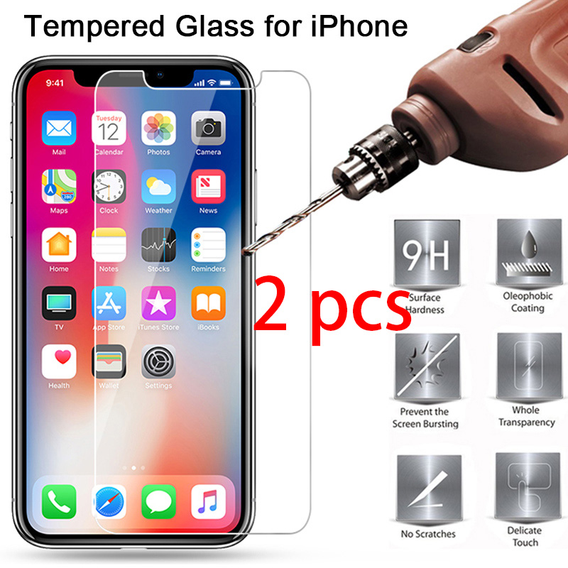 2pcs Pelindung Layar Tempered Glass Untuk Iphone X Xs Xr 11 Pro Max 6s 6 7 8 Se Plus 5 5s 4 4s