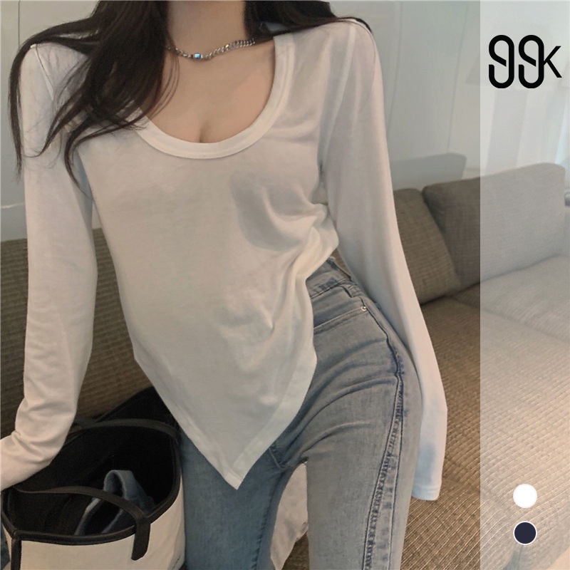 Korean Basic Crop Top U-Neck Atasan Wanita Lengan Panjang 2209 (S-XL)