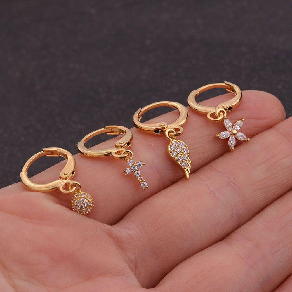Needway Menjuntai Anting Bulat Warna Emas/ Perak Bunga Bintang Cinta Hati Aksesoris Fashion Hoop Earing