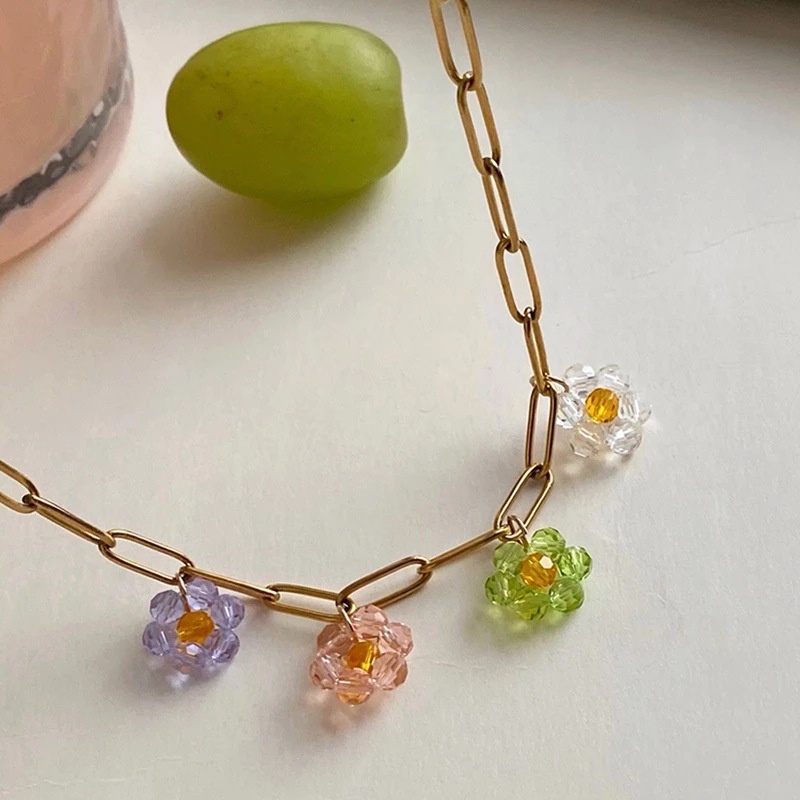 Vintage Colorful Braided Crystal Flower Necklace Clavicle Chain Metal Necklace