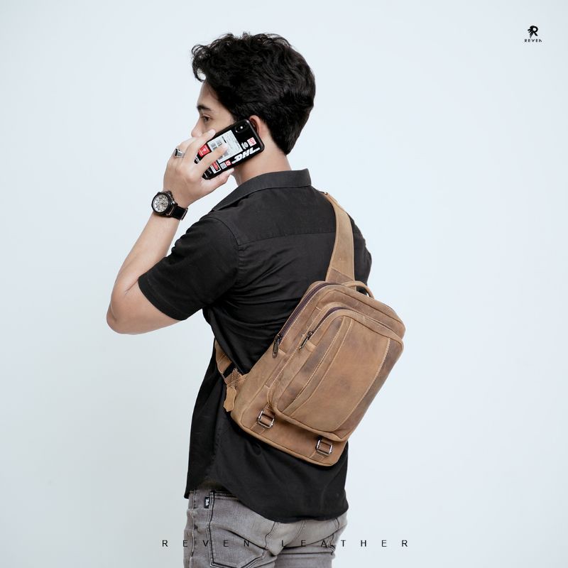 Tas Selempang Kulit Asli Semi Ransel Waistbag Tablet Cowok Premium Kulit Pria Waist Bag Branded Orig