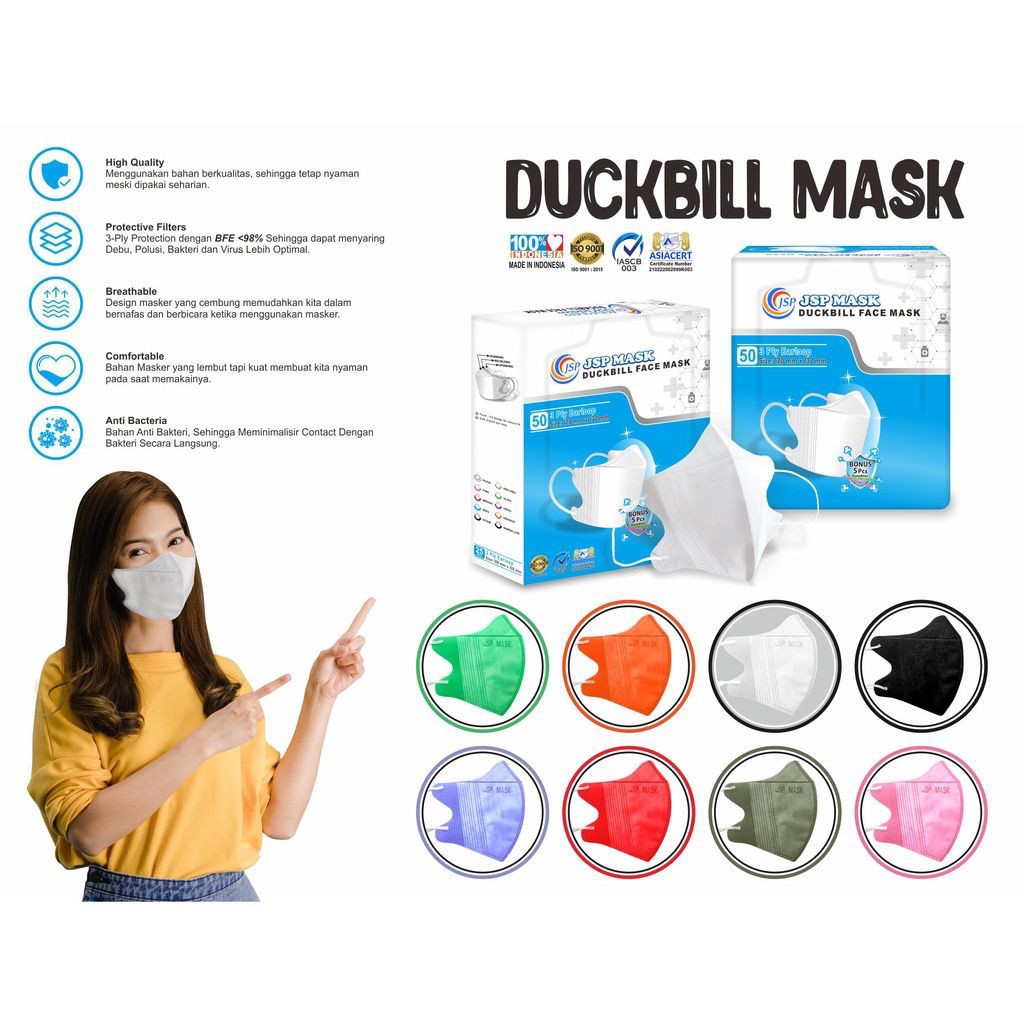 MASKER DUCKBILL JSP MASK BOX ISI 50 ORIGINAL EARLOOP KONEKTOR