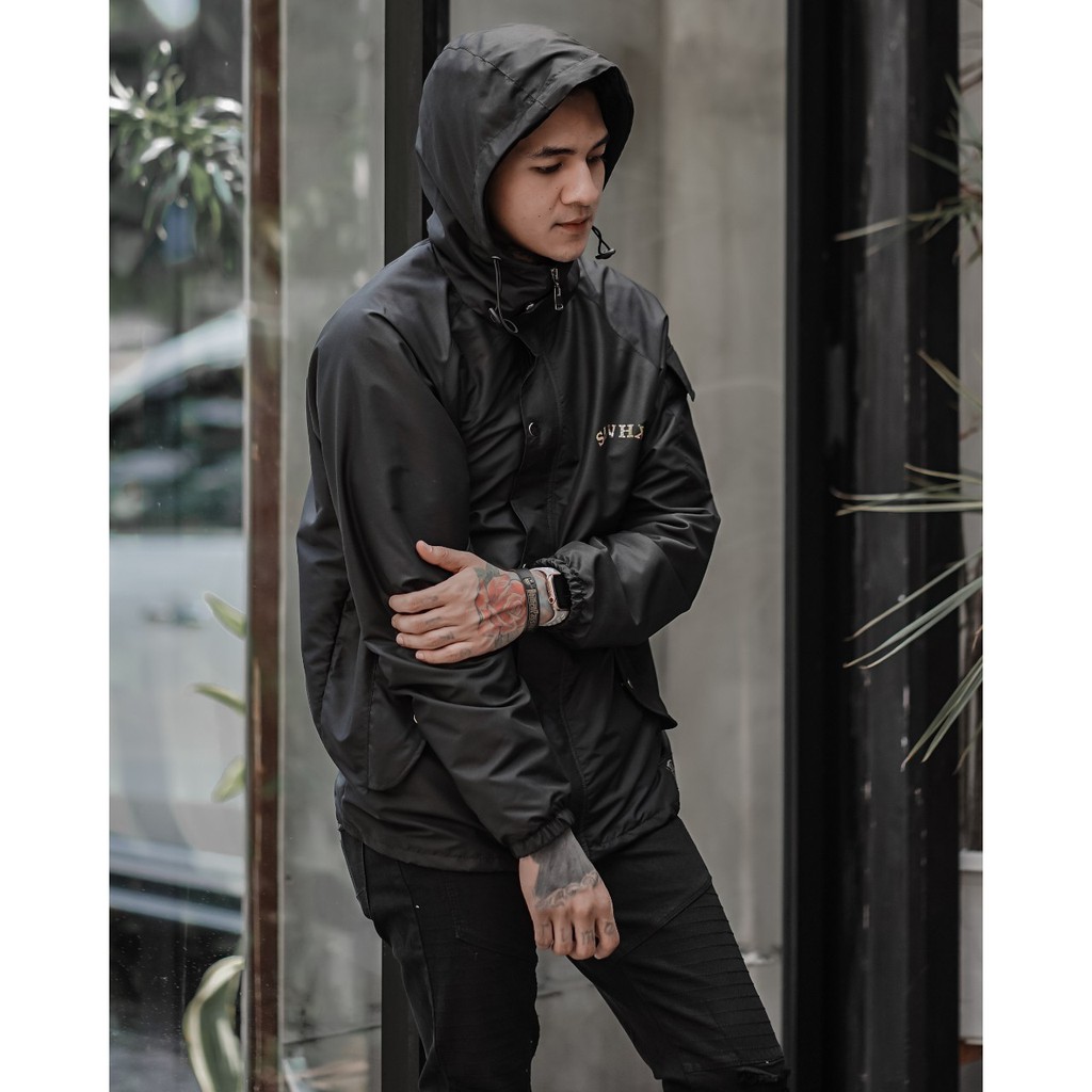 SALVIOHEXIA Jaket Casual Pria Jaket Parasut Hitam