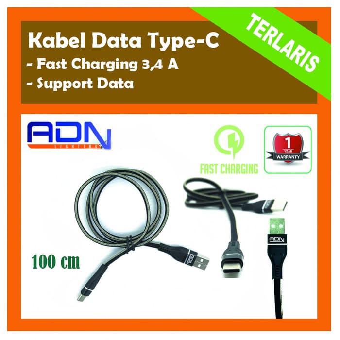 KABEL DATA ADN USB TYPE C FAST CHARGER CABLE 3,4 A GARANSI 1 TAHUN