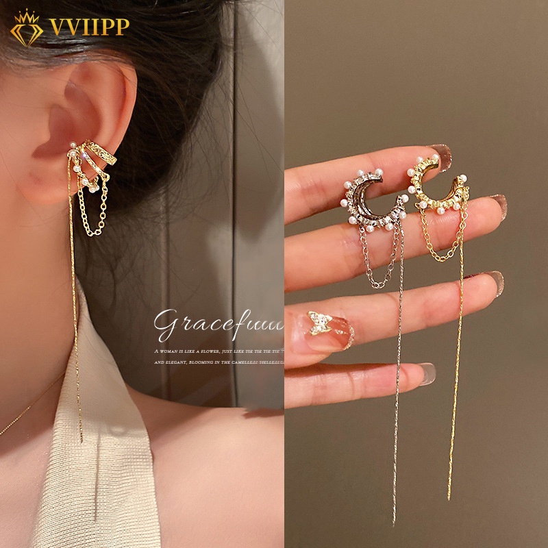 Korean Crystal Pearl Hoop Clip Earring Gold Silver Chain Ear Clips for Women Accessories Jewelry