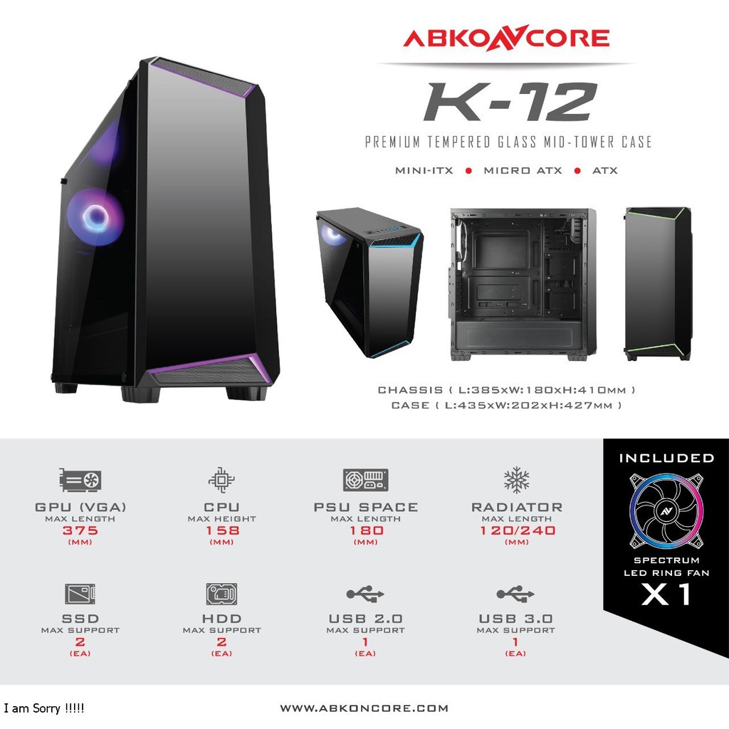 CASE ABKONCORE K12 ATX | Tempered Glass | RGB Front | 1 Fan Ring