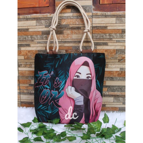 totebag canvas printing karakter muslimah cantik bercadar