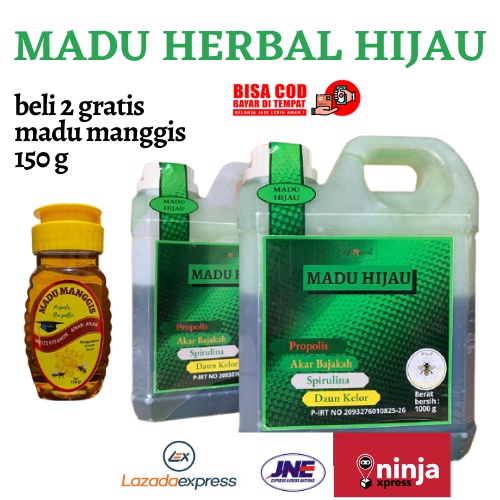 Best seller Madu Herbal Hijau 2kg-free Madu Manggis 150 g - Propolis, Akar Bajakah. Spirulina, Daun Kelor. Al Mar'ah