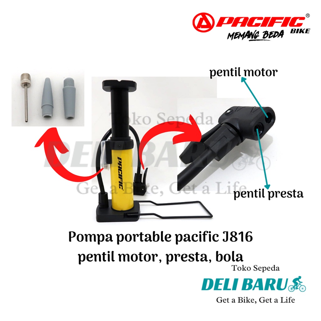 Pacific Pompa Portable J816 model pendek pentil motor, presta, bola pompa mini serbaguna sepeda