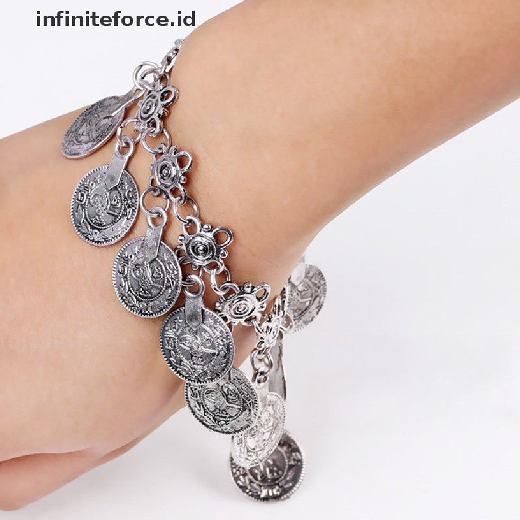 Infiniteforce.id Gelang Kaki Rantai Silver Wanita Desain Koin Antik Boho Gypsy