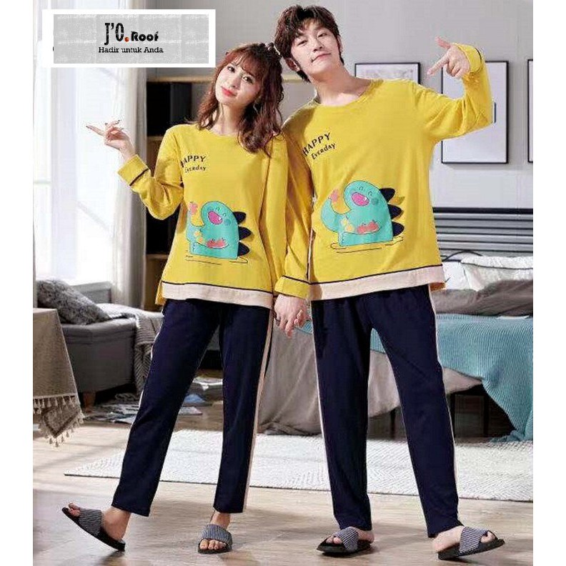 Baju Tidur/Piyama Set Panjang Couple/Pasangan Yellow Dino Lucu Murah