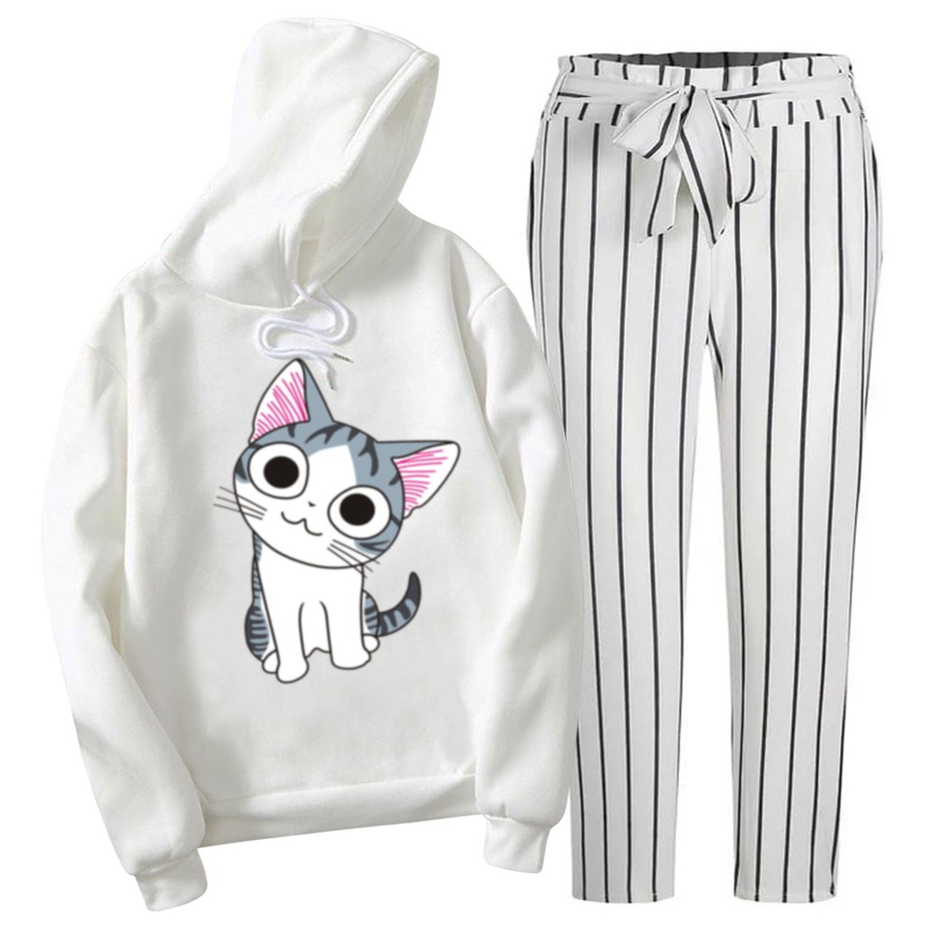 BESS - Setelan Hoodie Wanita Murah / Setelan Hoodie + Celana Salur Putih - KIKU CAT