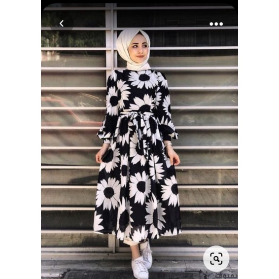 Dress Ng pakaian wanita muslim dress wanita fashion muslim midi dress muslim korea import motif bunga matahari