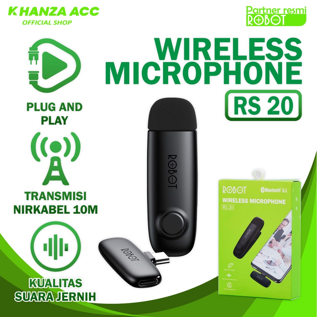 KHANZAACC ROBOT RS20 Wireless Connector Microphone Bluetooth 5.1 Clip On Type C