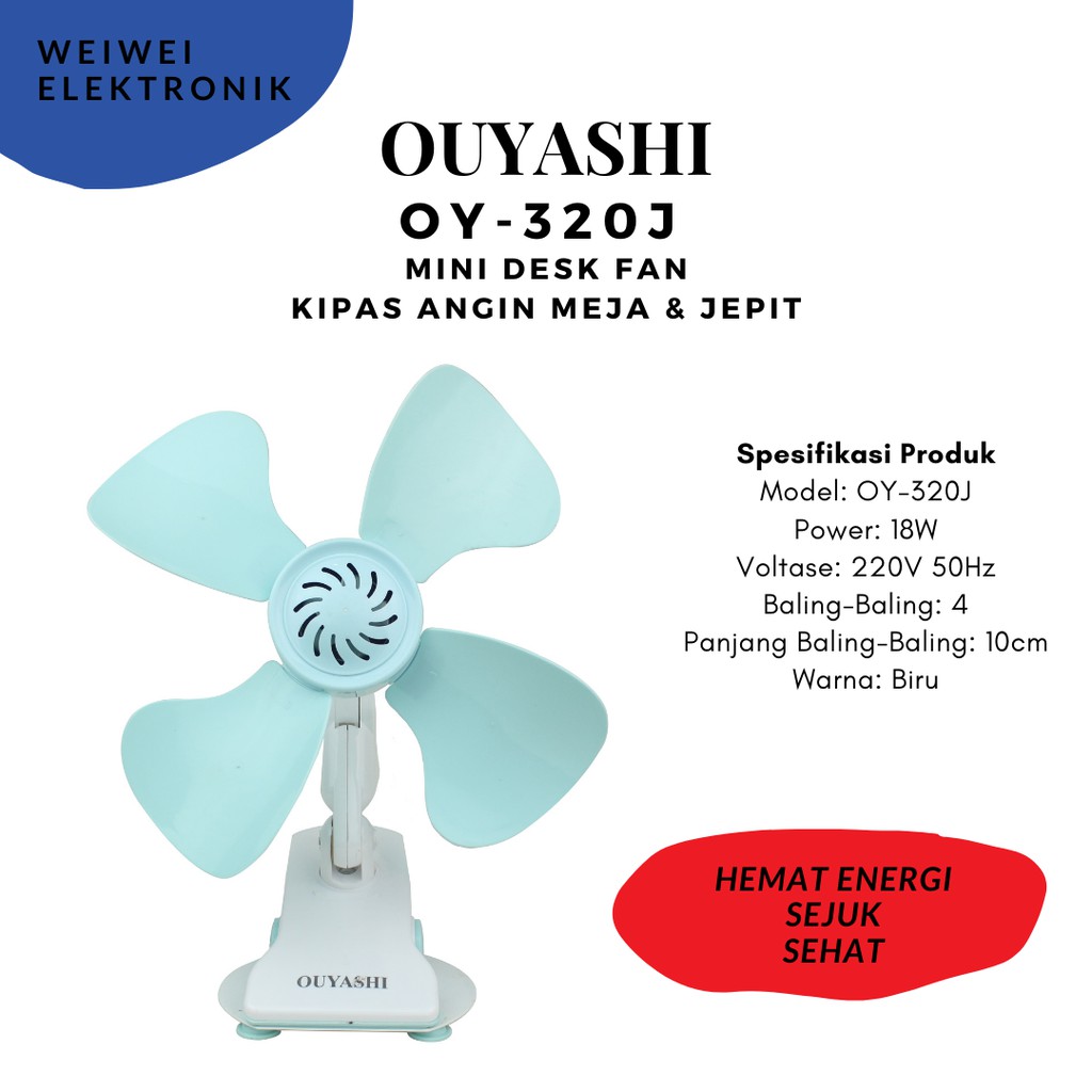 Kipas angin meja dan jepit Ouyashi OY-320J Warna biru (real pic)