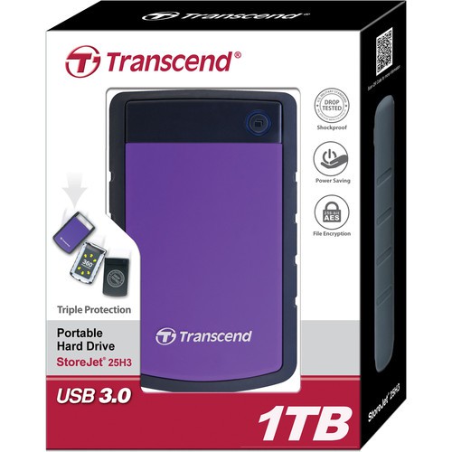 Transcend 1TB Harddisk External 25H3 - 25H3B USB 3.0 Antishock Tahan Banting - GRATIS 5 Paket Hadiah