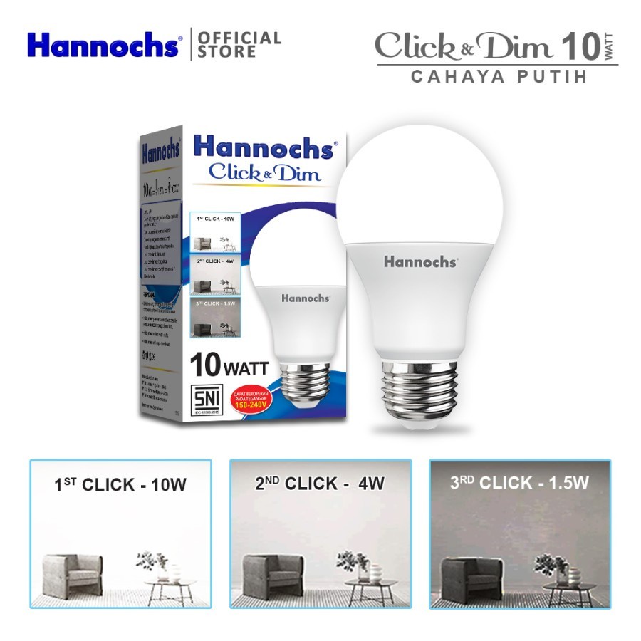 Hannochs Lampu LED Click &amp; Dim 10 watt - 3 tingkat kecerahan - putih