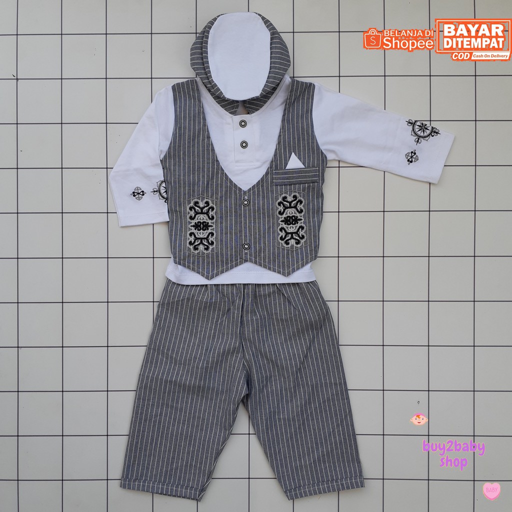 Baju lebaran bayi set baju koko rompi plus peci motif bordir salur Custom 6-12 Bulan