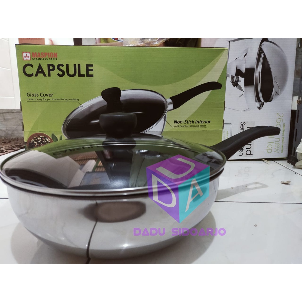 Wajan Penggorengan Stainless Maspion 26cm Frypan Wok with Glass Cover / tutup kaca