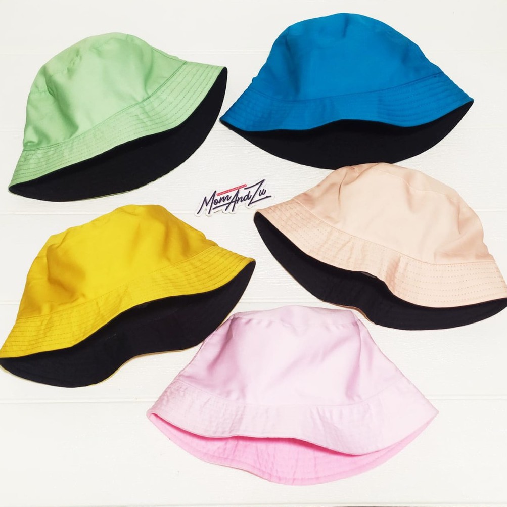 Topi Bucket Motif Kombinasi Warna Peach Pink Biru Tosca Kuning Topi Mancing Pantai Bucket Hat