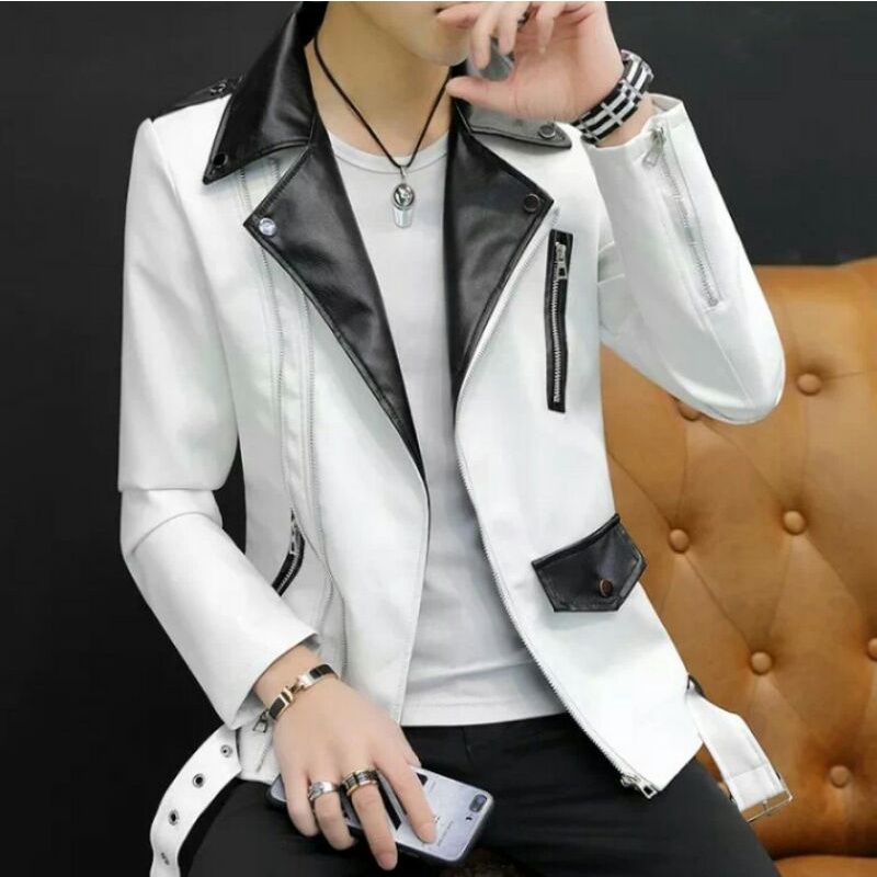 Fashion jaket pria lengan panjang ramones staile bicker kombinasi hitam putih