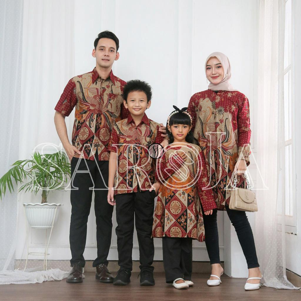 SAROJA | Couple Tunik Keluarga Alisa Merah | Couple Tunik Batik | Couple Tunik Pasangan | Couple Tunik Ibu Anak Perempuan | Dress Lengan Panjang