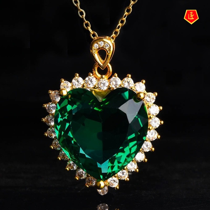 [Ready Stock]18K Gold Heart-Shaped Gemstone Necklace for Women Elegant Fashion