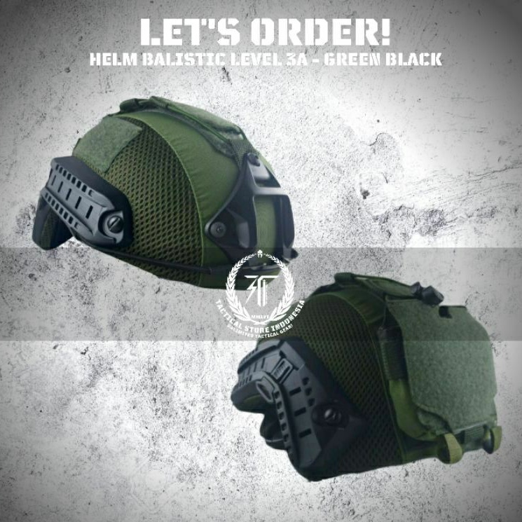 Helm Tactical Balistic Level 3A Anti Peluru Warna Hijau Rail Hitam Versi Kuping Pendek