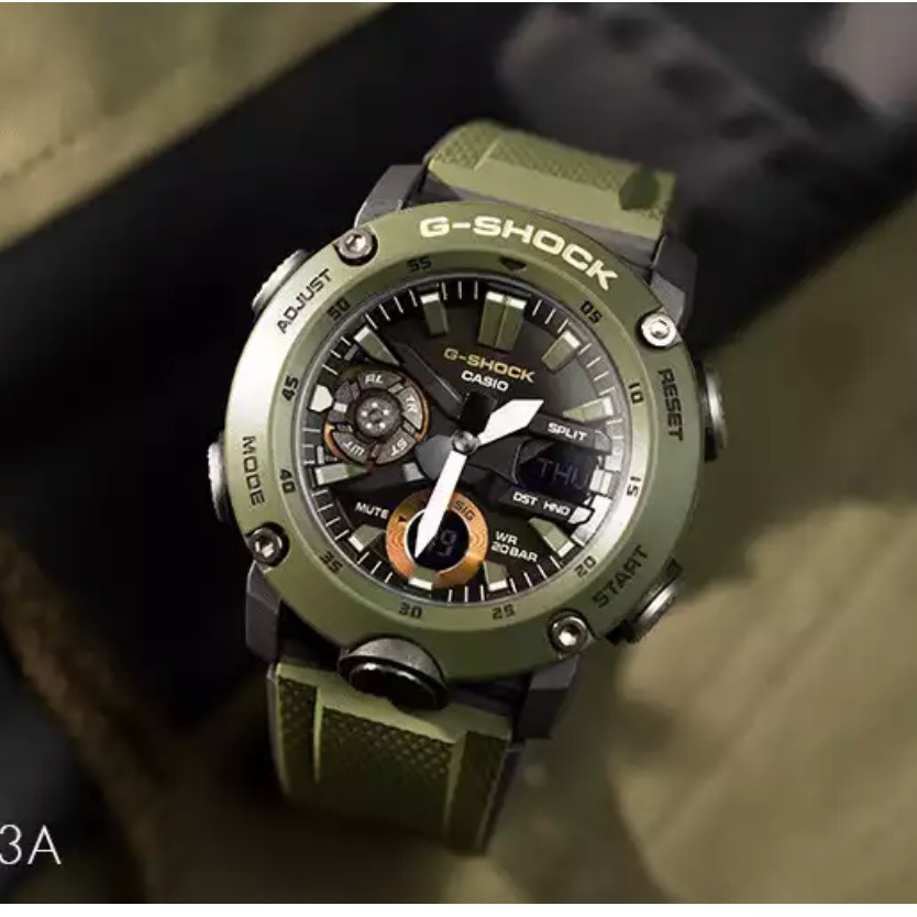 Jam Tangan Casio G-Shock GA-2000-3ADR Black Dial Green Resin Band Original