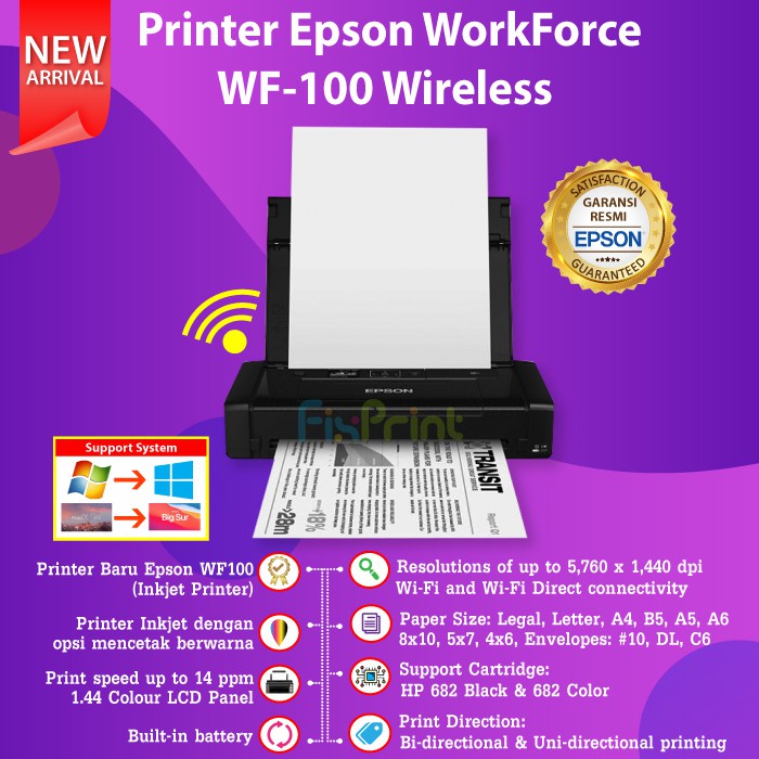 Printer Epson WF-100 WorkForce WF100 Printer Portable Wireless WiFi Tinta Cartridge C13T289 C13T290