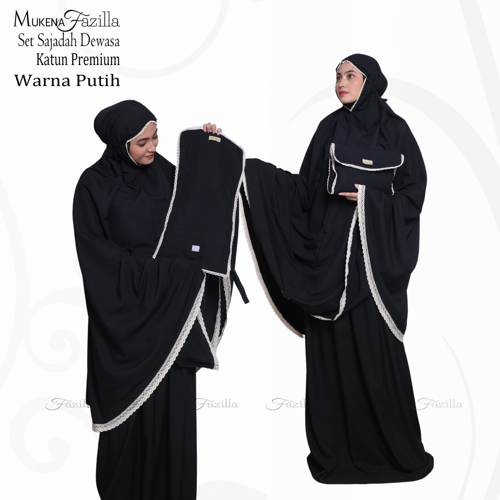 Mukena Adem Katun Dewasa Jumbo Sajadah Polos Fazilla Black