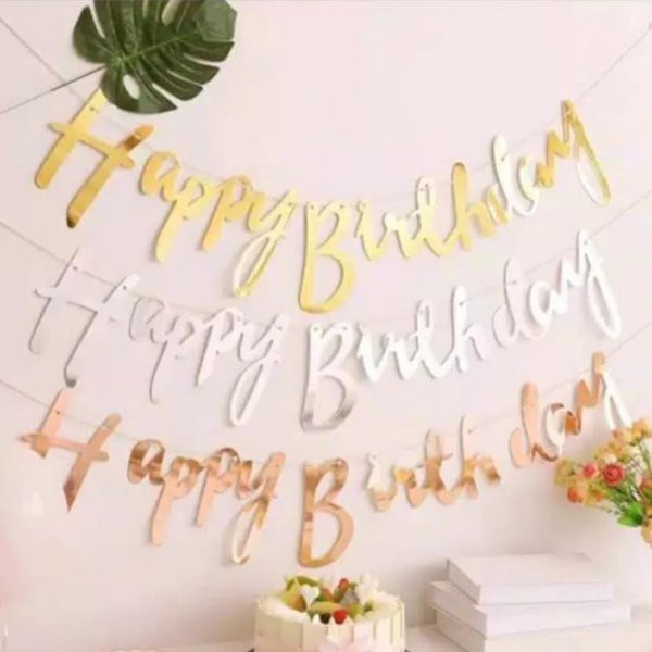 Banner Happy Birthday Gold Silver Rose Rosegold Tulisan Selamat Ucapan Ulang Tahun Bentuk Ultah Besa