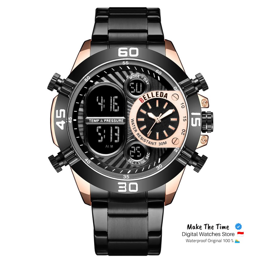 Jam Tangan Pria Original Belleda 9271 Dualtime Rantai Stainless Steel Exclusive Box