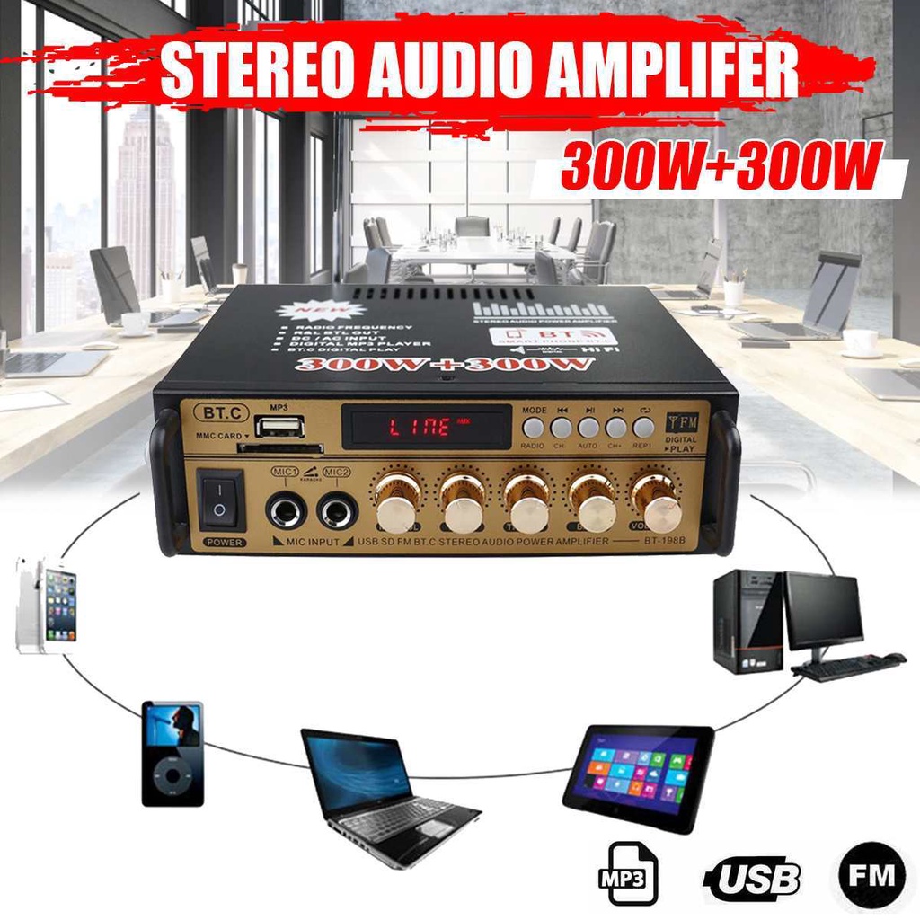 Power Ampli Amplifier BT-198A Bluetooth 600W Karaoke Home Theater FM Radio